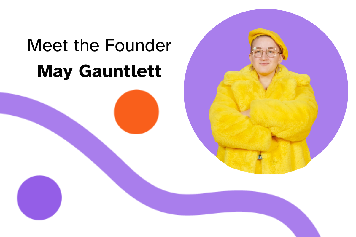 Photo of May Marigold floats inside a purple circle with Never Grey branding.